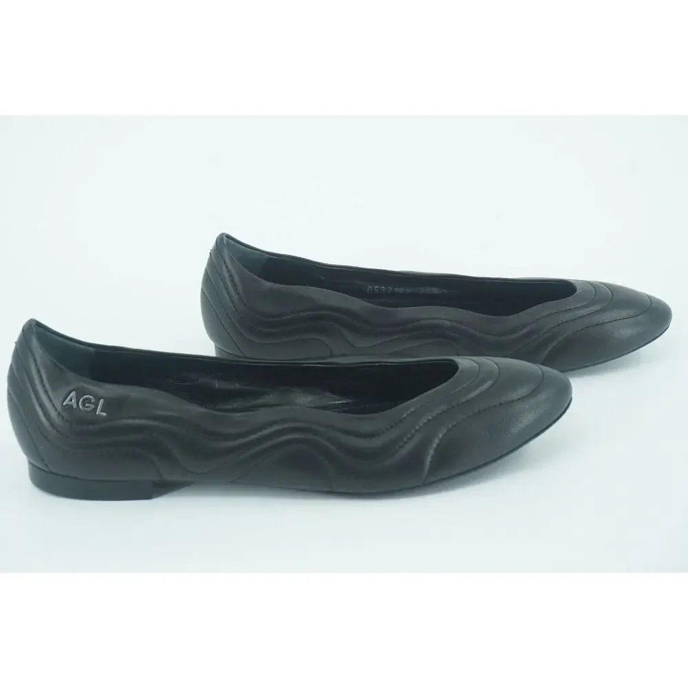 AGL Black Leather Miledy AlmondToe Quilted Ballet Flat SZ 39.5 New $380